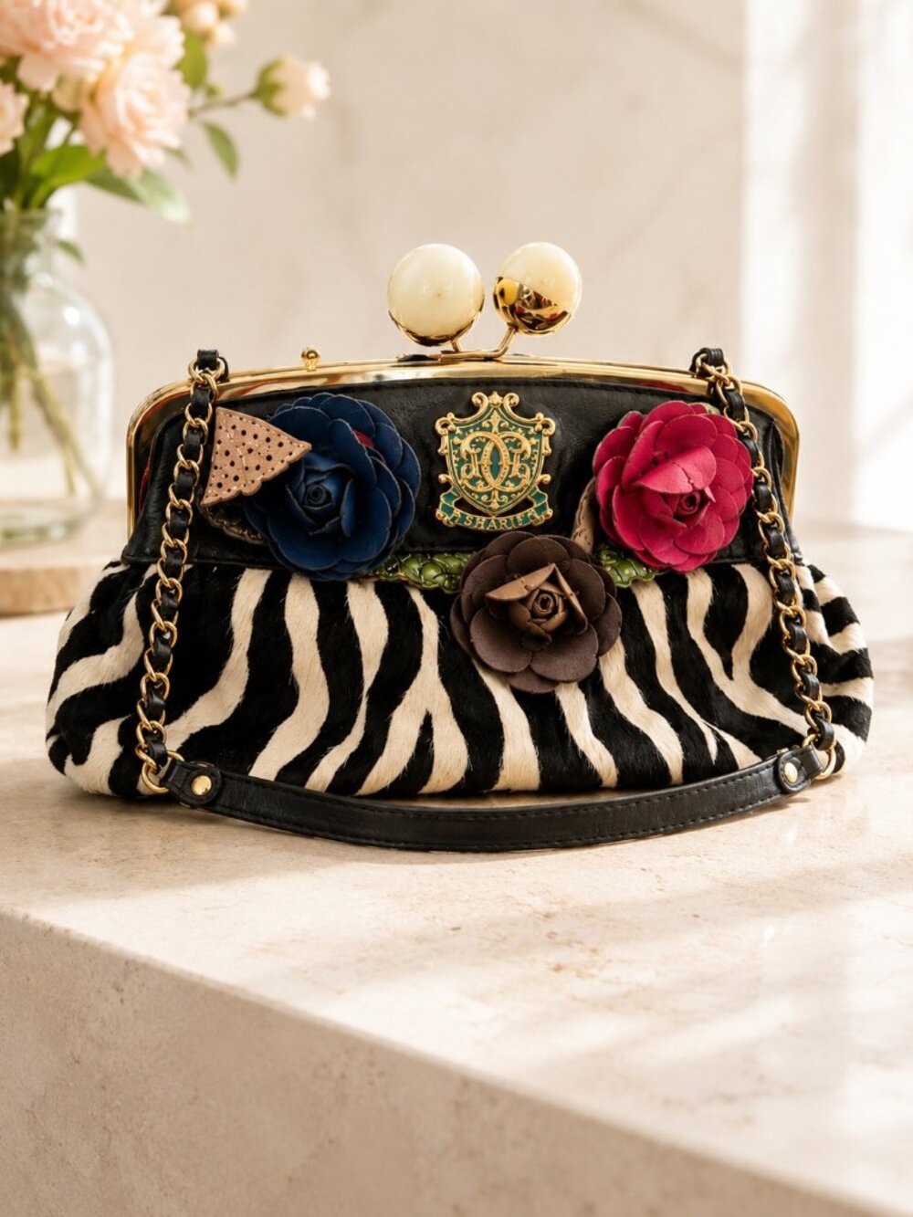 Vintage Sharif Couture Zebra Haircalf Floral Handbag Model 119-200